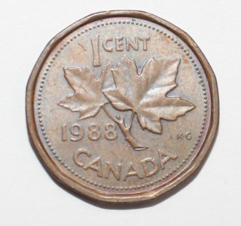 1 цент 1988г. Канада, бронза, состояние XF. - Мир монет