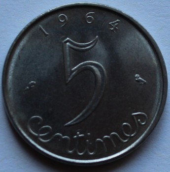 5 сантимов 1964г. Франция, никель,состояние ХF - Мир монет