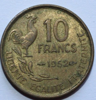 10 франков 1952г. Франция. бронза, состояние VF. - Мир монет