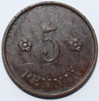 5 пенни 1937г. Финляндия, бронза, состояние VF-XF. патина. - Мир монет