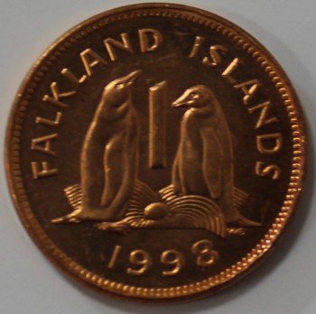 1 пенни 1998г. Фолклендские Острова, Пингвины, состояние UNC - Мир монет