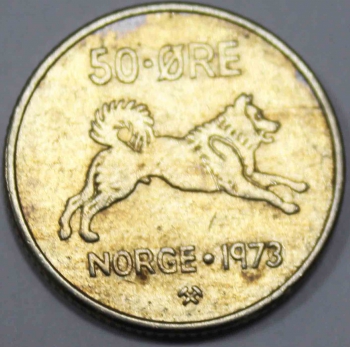 50 эре 1973г. Норвегия. Хаски, состояние XF - Мир монет