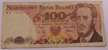 Банкнота  100 злотых 1988г.  Польша.  Людвиг  Варумский, состояние VF - Мир монет
