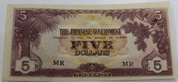 Банкнота  5 долларов 1942г. Малайя. Оккупация Японией, состояние VF-XF. - Мир монет