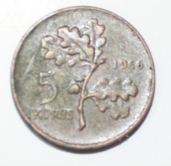 5 куруш 1966г. Турция,состояние VF - Мир монет